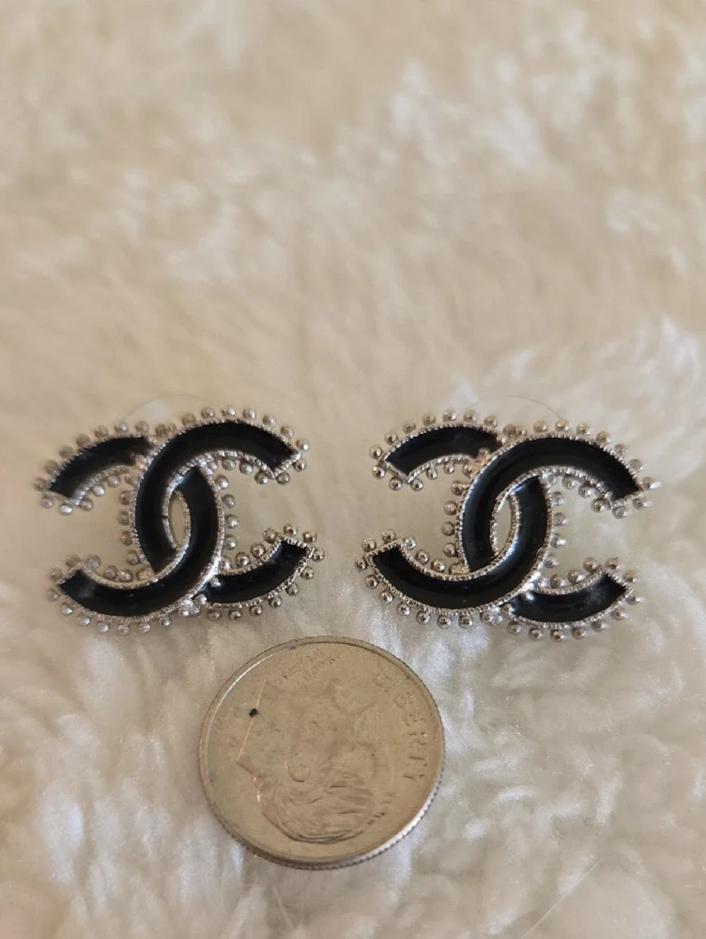 *Authentic* CHANEL Black and Silver Interlocking CC Stud Earrings